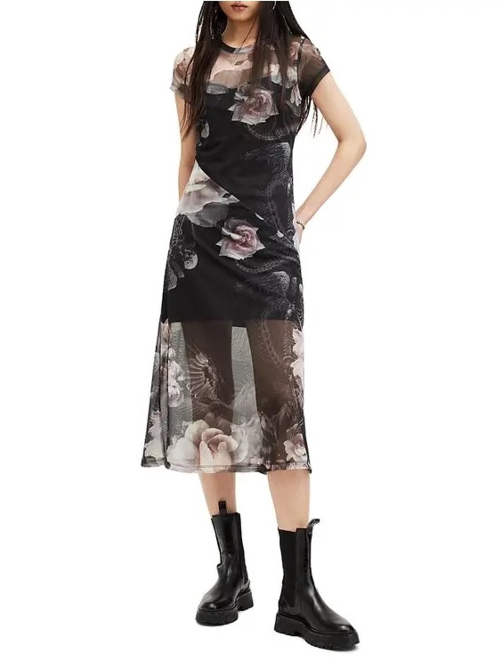 All Saints Floral Maxi Dress in Black and Pink